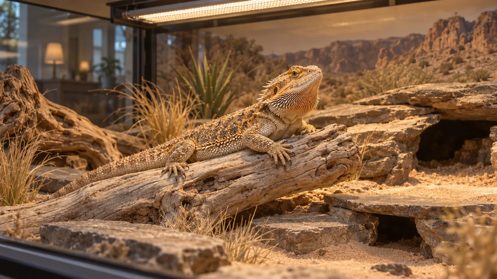 A bearded dragon basking on driftwood in a naturalistic desert enclosure under a UVB light.