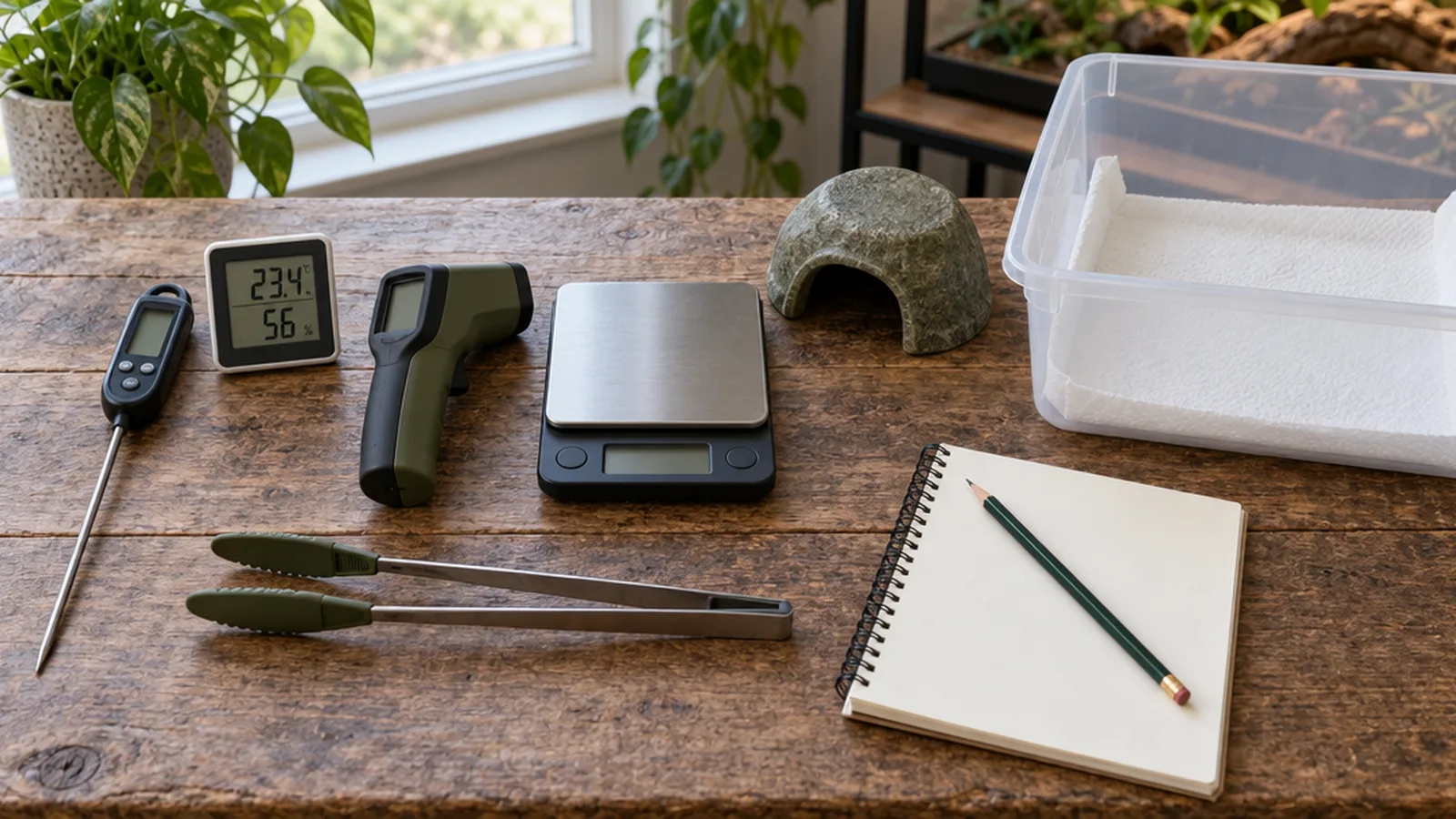 Neatly arranged reptile-keeping essentials including thermometers, a scale, tongs and a quarantine tub on a wooden table.