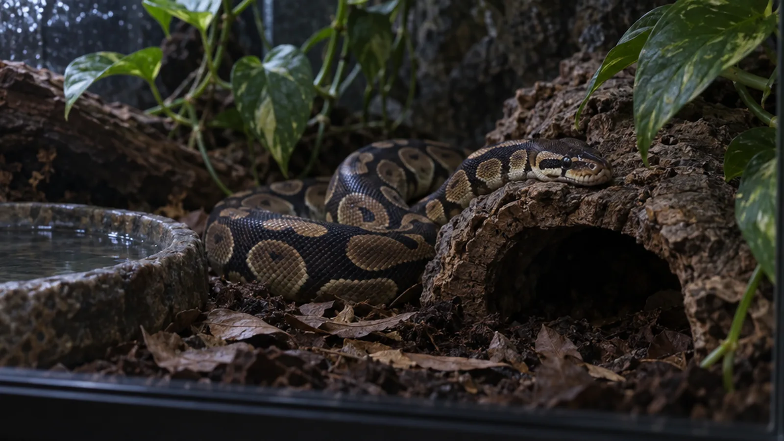 A ball python coiled on cork bark beside a hide in a naturalistic enclosure.